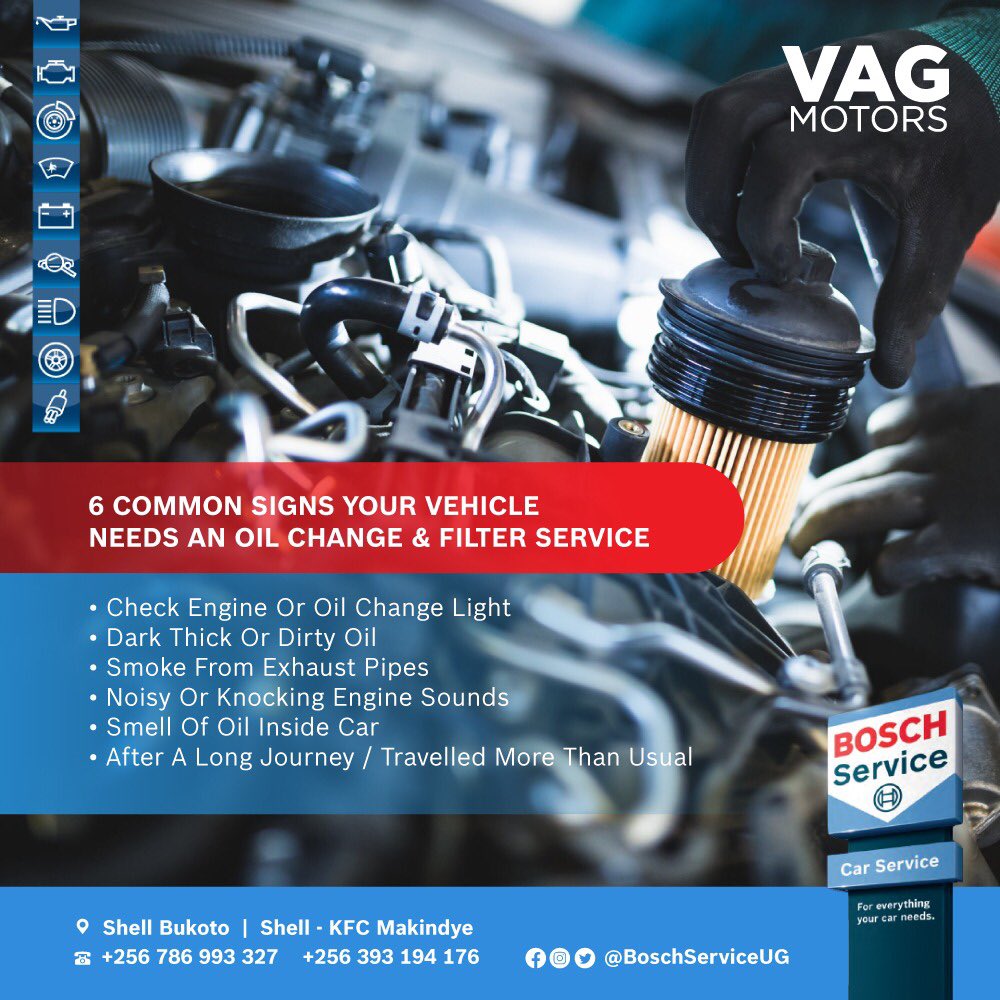 BoschServiceUG's tweet image. Did you know that dirty or low oil will cause engine problems. Good Clean Oil improves the performance of your car and can extend the life of your engine. 

Here are 6 signs that you need to bring your car in for lube service. #BoschCarService #LubeService #OilFilter #OilChange