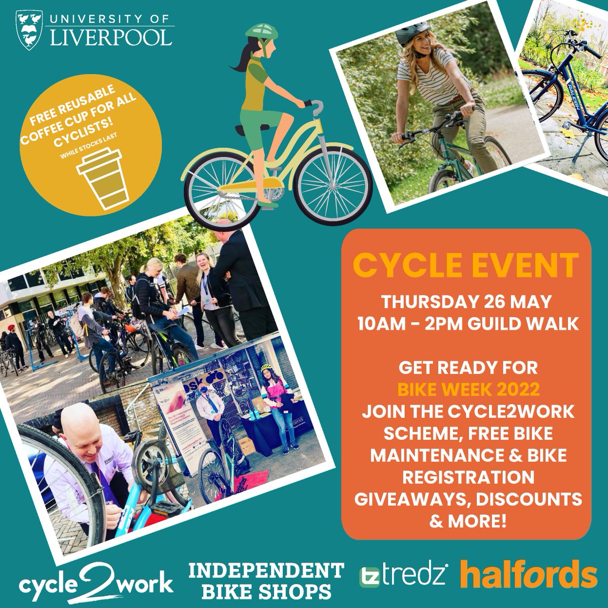 livunisustain's tweet photo. We're helping @LivUni staff &amp; students get ready for #BikeWeek2022 at our cycle event on THUR 26 MAY 10AM-2PM, Guild Walk with @PelotonLiv Free bike maintenance, registration, cycling maps, discounts &amp; giveaways, including our 100% recyclable travel mugs! https://t.co/mO9tBdR3ff https://t.co/CyWguVq1NE