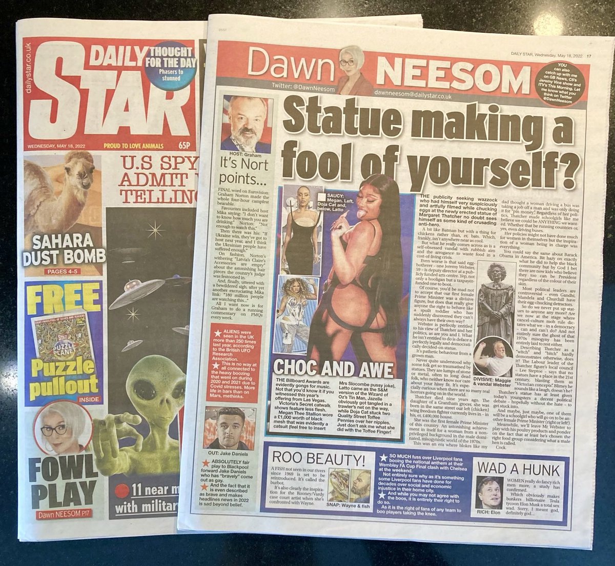 DawnNeesom's tweet photo. New column in today’s, er, out of this world @dailystar 👽😳 🤷🏼♀️ Talking #Thatcherstatue #nakedwomen #Booing #GrahamNorton .As featured on @steveallenshow @LBC this morning 🥰#buyapaper https://t.co/1TUJSXWyzD