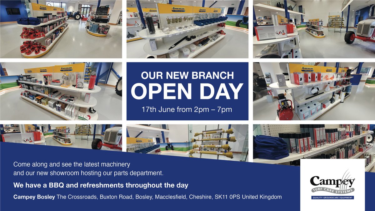CampeyTurfCare's tweet photo. ### SAVE THE DATE ###
### CAMPEY OPEN DAY FRIDAY 17 JUNE 2pm- 7pm ###

Come along to our #new #branch at #Bosley in #Cheshire to see what we have to offer!

New #machinery &amp; tractors as well as #used #tractors 

Register to attend online at https://t.co/rw2uUpsW2S https://t.co/kAAOs3uXcf