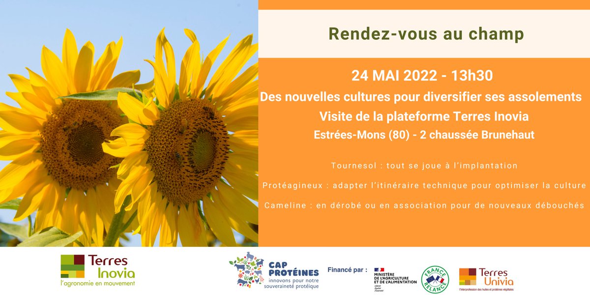 NicolasLatraye's tweet photo. Mardi 24 mai, nous organisons notre visite sur la plateforme @terresinovia  d'Estrées-Mons (80). 
On va parler tournesol, protéagineux et cameline (avec la présence de @Saipol_officiel). 

En espérant vous retrouver nombreux !
Inscriptions : https://t.co/B845bw3uwi https://t.co/n7xRo5YPFj