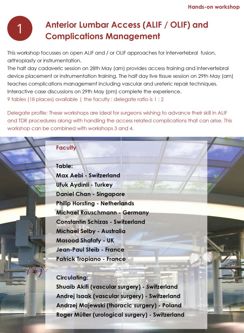 ONE place has become available for the ALIF combined cadaveric and live tissue access and complications training course at IRCAD May 27th - 29th.

This extremely popular training course provides both access training and complications management.

Contact info@nspine.com to book.