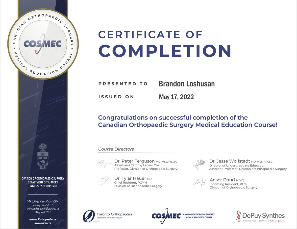 Thank you to the organizers and instructors who made this amazing course possible! I feel grateful to have had the opportunity to complete it! <a href="/Toronto_Ortho/">Peter Ferguson</a> <a href="/anserdaud/">Anser</a>