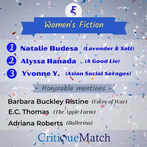 CritiqueMatchNY's tweet photo. Huge congratulations to our contest’s Women’s Fiction winners!
With the category sold out, you stood out amidst 100 entries!
👏👏👏 https://t.co/TaVmJqE2LU