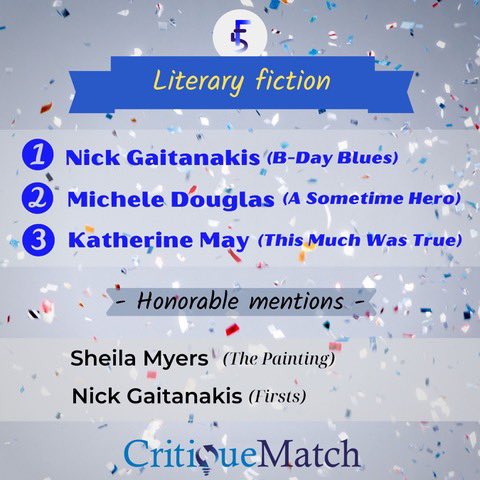 CritiqueMatchNY's tweet photo. Congratulations to the #literaryfiction writers in the FictionFive contest! 
Well deserved! 🙌

@73dlamp 
@MamaMamaDouglas https://t.co/KI36FrM5MK