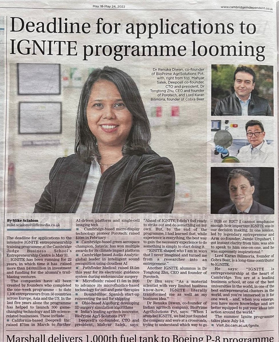 CJBS_EC's tweet photo. Excellent article in the @CambridgeIndy not only reminding us about some of #cjbsIGNITE's standout alumni - but also that the closing date for applications to join IGNITE's summer programme (3-8 July) closes on 31 May 2022. Apply at: https://t.co/07W16CKDwt 
#tech #entrepreneurs https://t.co/C4hD8qF8Bi