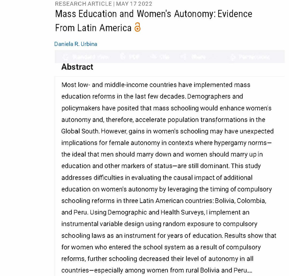 Demography Journal (@readdemography) on Twitter photo Using DHS data from Bolivia, Colombia & Peru, @DanielaUrbinaJ finds that further compulsory schooling led to reduced autonomy. “The positive returns of schooling for women’s autonomy diminished as school systems expanded.” <a href="/OxfordDemSci/">Leverhulme Centre for Demographic Science</a> <a href="/BrownSociology/">Sociology@Brown</a>
ow.ly/gvHu50Jb4ja Using DHS data from Bolivia, Colombia & Peru, @DanielaUrbinaJ finds that further compulsory schooling led to reduced autonomy. “The positive returns of schooling for women’s autonomy diminished as school systems expanded.” <a href="/OxfordDemSci/">Leverhulme Centre for Demographic Science</a> <a href="/BrownSociology/">Sociology@Brown</a>
ow.ly/gvHu50Jb4ja