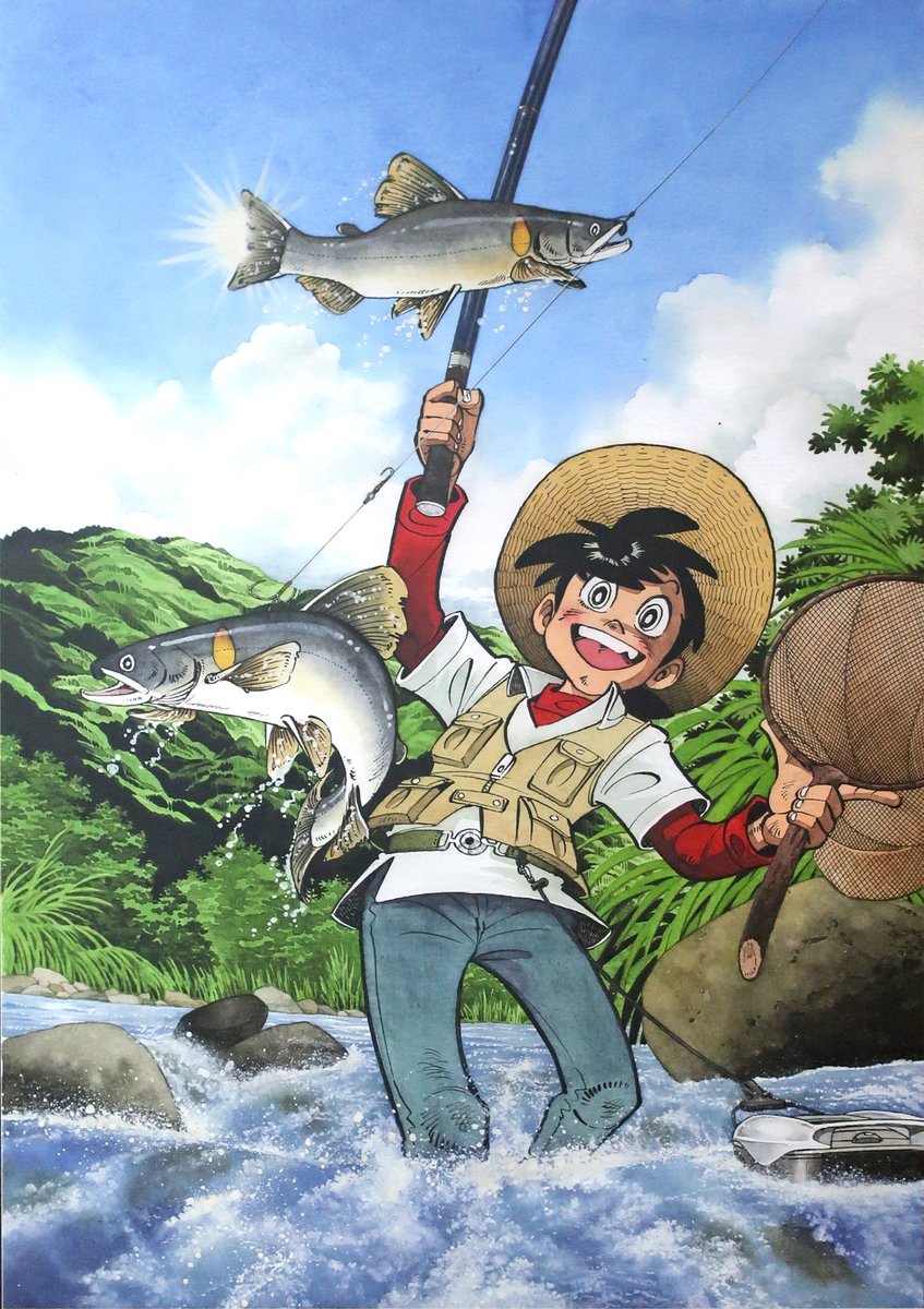 釣りキチ三平』カラーイラスト。3枚目のみ拡大複製。