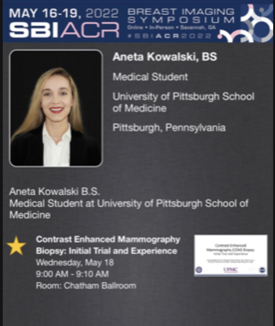 Aneta Kowalski (Pitt medical student) has just presented her Gerald Dodd winning oral abstract entitled: Contrast Enhanced Mammography Biopsy:  Initial Trial and Experience at The society of breast imaging 2022 meeting.  She did a fantastic job! <a href="/JulesSumkin/">Jules Sumkin</a> <a href="/fjlexa/">Frank J. Lexa MD MBA FACR</a> @EvaChau13