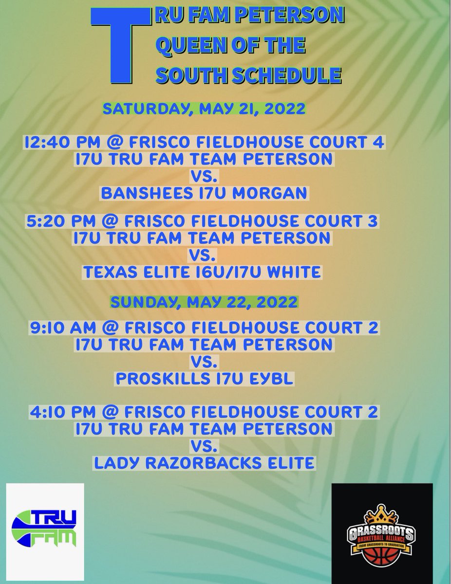 Tournament schedule for Queen of the South in Frisco, Texas this weekend.