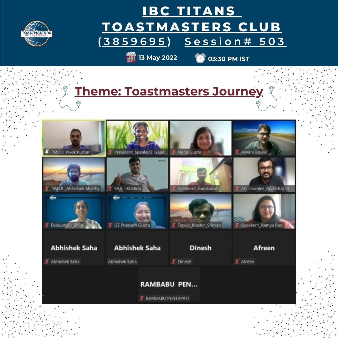 IBCTitans's tweet photo. Hello Everyone,

Congratulations👏
Best TAG RoleTaker: TM Krishna
Best RoleTaker: TM Sriman
Best TableTopics Speaker &amp; Speaker: TM Ramya
Best Evaluator: TM Shilpi

#toastmaster #toastmasters #club #toastmastersinternational #publicspeaking #whereleadersaremade #leadership #bhfyp https://t.co/nvAfhSloiI