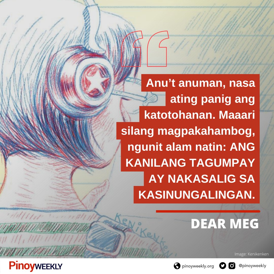 pinoyweekly's tweet photo. Pinanghihinaan ng loob? Narito ang mensahe ni #DearMeg sa mga kasama ngayong tapos na ang halalan. Basahin dito: https://t.co/upLDYKuOAM https://t.co/nEslGmyGCs