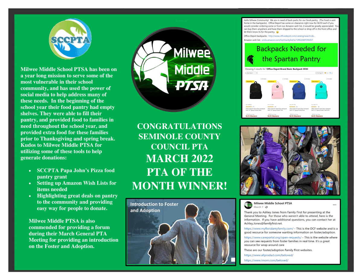 MilweePTSA's tweet photo. Check it out!  Milwee PTSA was selected as the PTA of the month for March from SCCPTA (Seminole County Council PTA) !! 🥳 https://t.co/zt20fUgTAO