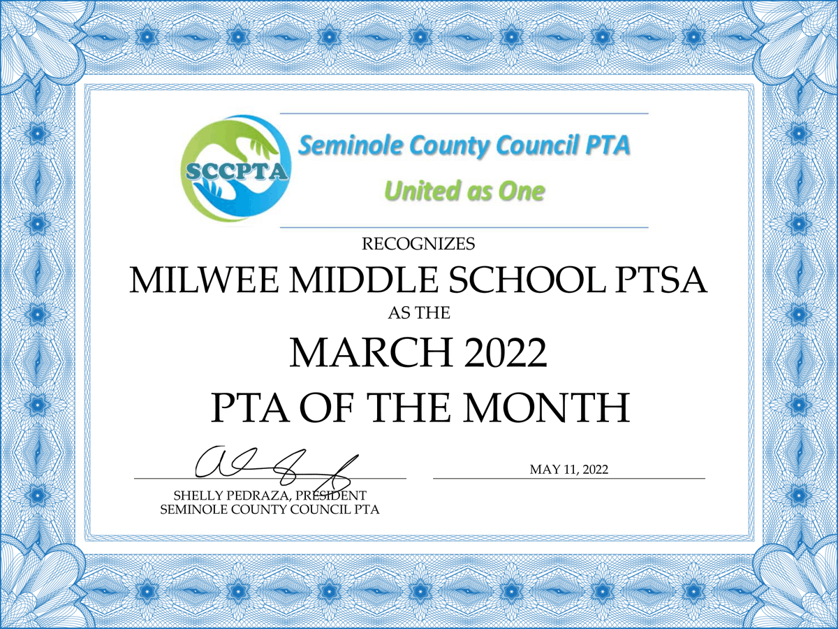 MilweePTSA's tweet photo. Check it out!  Milwee PTSA was selected as the PTA of the month for March from SCCPTA (Seminole County Council PTA) !! 🥳 https://t.co/zt20fUgTAO