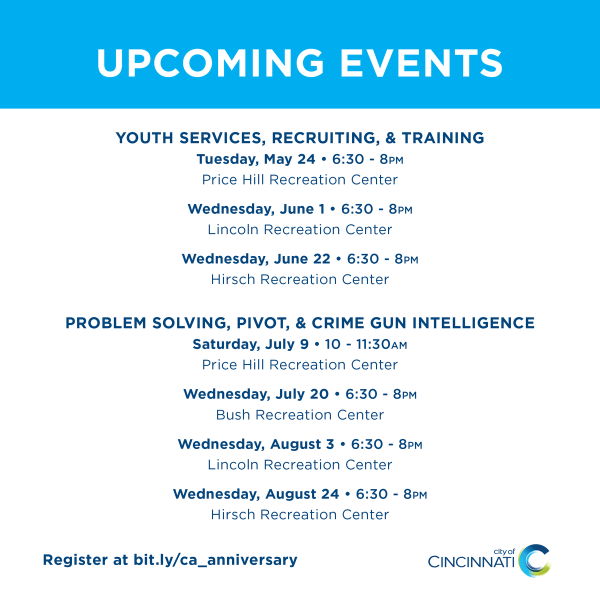 Join the City of Cincinnati as we explore the history of the Collaborative Agreement and problem-solving, 
<a href="/CincyPD/">Cincinnati Police Department</a> youth services, training, and recruiting. There's still time to sign up for our May 24 session! Register here: bit.ly/ca_anniversary