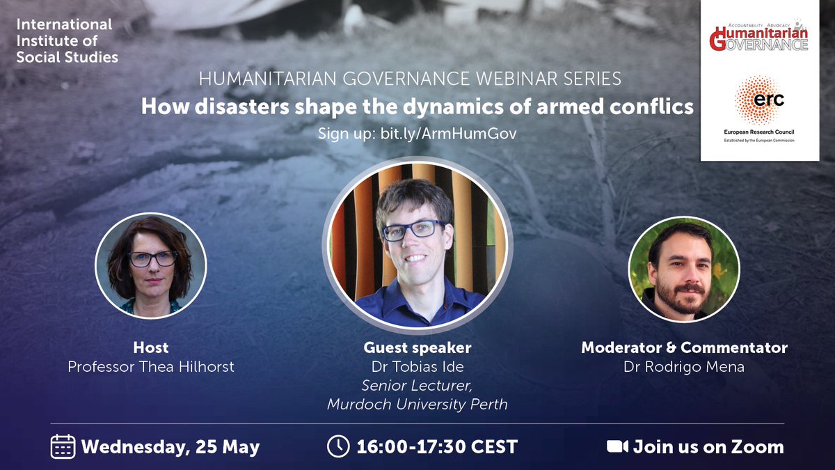 issnl's tweet photo. ๐ช How do disasters shape the dynamics of #civilwar? #HumGov guest speaker, Dr Tobias Ide (@MurdochUni), unravels the impacts of disasters as they overlap due to #climatechange & intensifying #conflict.
๐ป 25 May on Zoom | 16:00-17:30 CEST
๐ฃ Register: https://t.co/9Wk01ccgZ7 https://t.co/mjGMEXZijk