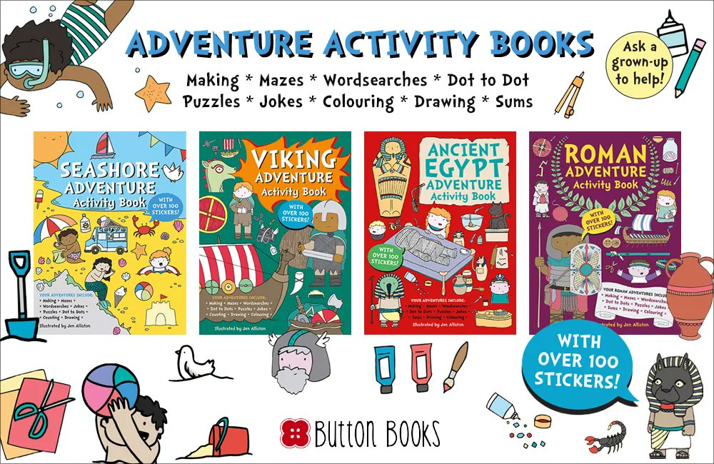 GMCbooks's tweet photo. These fabulous #AdventureActivityBooks illustrated by #JenAlliston are filled with tons of #activities & #games including puzzles, codes, colouring in, spot the difference & more. They also include fun stickers to use in the book or elsewhere. #ButtonBooks #ChildrensActivityBook https://t.co/snf1xBSihl