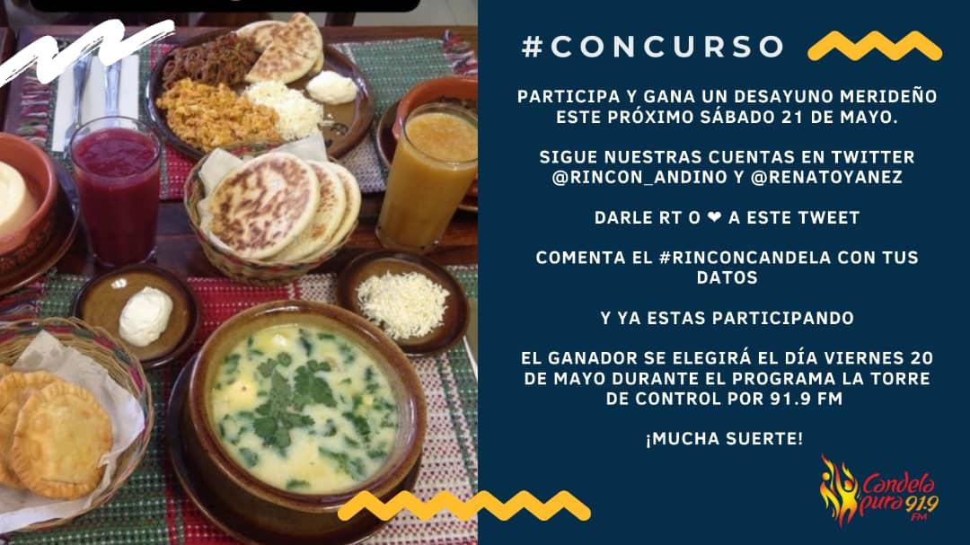 Renato Yanez (@renatoyanez) on Twitter photo Junto al <a href="/rincon_andino/">El Rincón Andino</a> quiero premiar tu fidelidad por eso traemos este concurso de un Desayuno Merideño, sigue los pasos y participa #RinconCandela Junto al <a href="/rincon_andino/">El Rincón Andino</a> quiero premiar tu fidelidad por eso traemos este concurso de un Desayuno Merideño, sigue los pasos y participa #RinconCandela