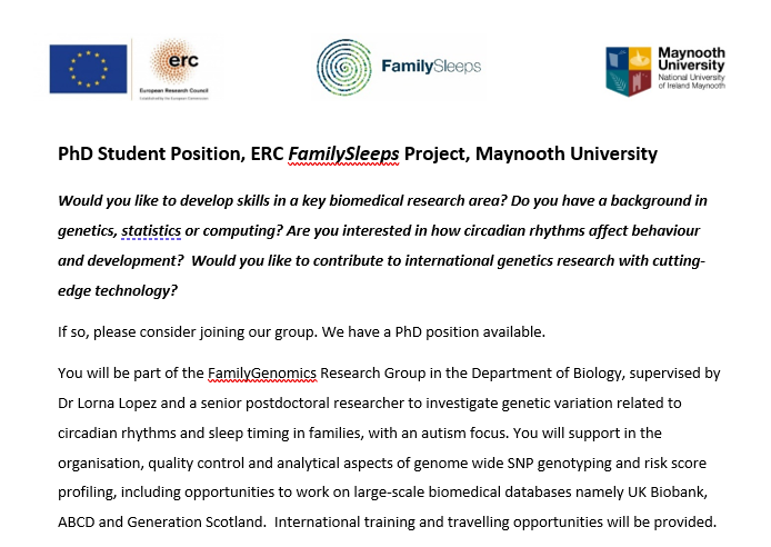 lornahoulihan's tweet photo. Plans for the next 4 years? We have a PhD Studentship open on our #FamilySleeps research project - it's funded by @ERC_Research in @MaynoothUni @MaynoothBiology - deadline 29thMay #DoApply #Genomics #PhDposition #jobfairy #ERCStg https://t.co/q32oRQMHjy