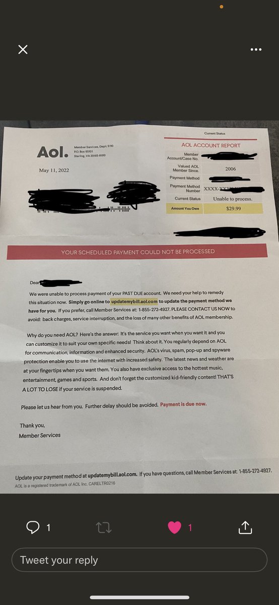 tooLEVIT2quit's tweet photo. @tim_armstrong @AOL is this how y’all  are still making revenue? Using an outdated internet service that doesn’t exists anymore to scam an innocent 89 yr old widower, mother, grandmother &amp; great grandmother into paying  thousands of dollars+ over the past 6 yrs is DESPICABLE. https://t.co/MFNGZr7ZTn