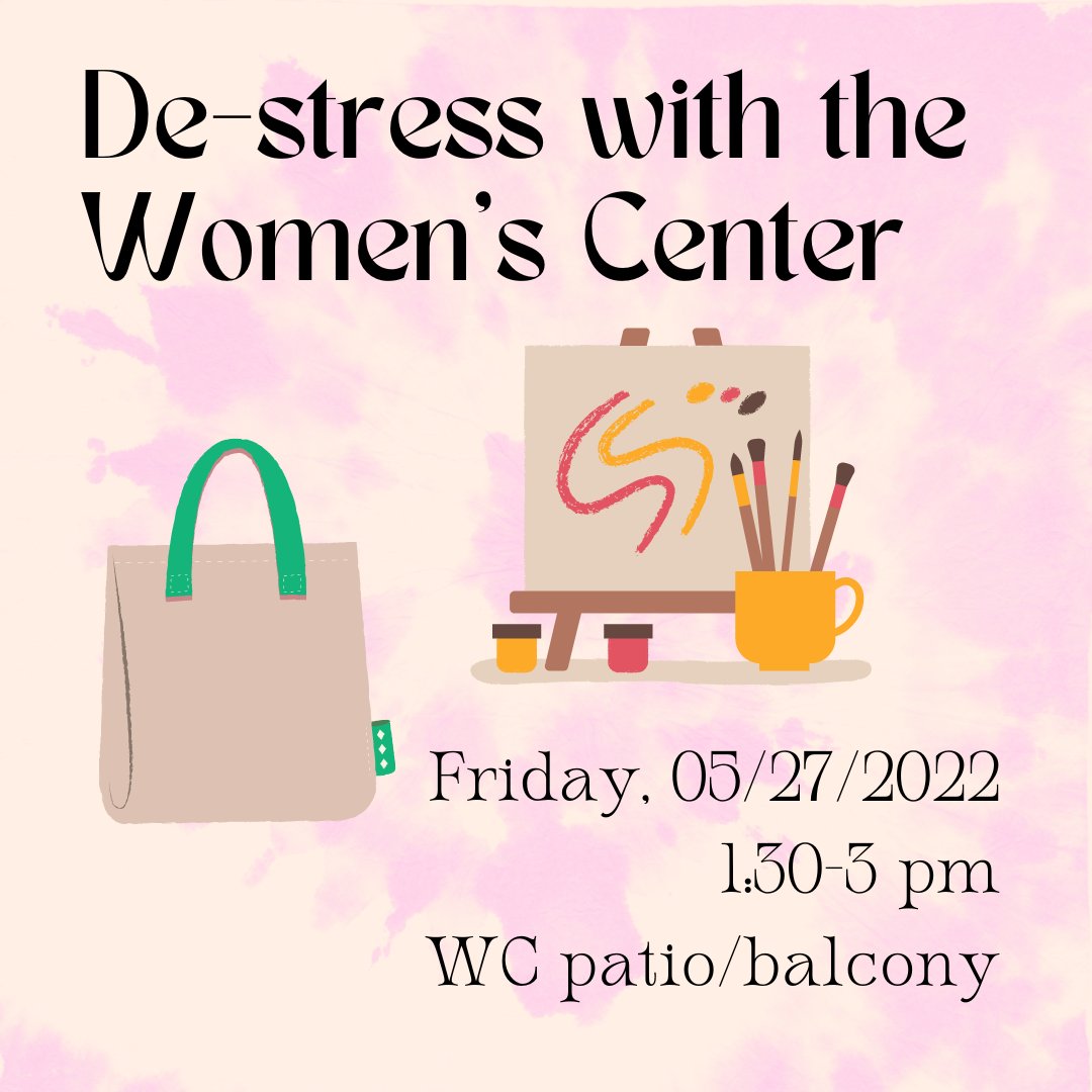 UCSDWC's tweet photo. De-stress with the Women’s Center! Join us in tie dying and decorating tote bags on Friday May 27th, 2022 from 1:30-3pm. This event will be held in the Women’s Center patio 👕 https://t.co/HQAJqwB852