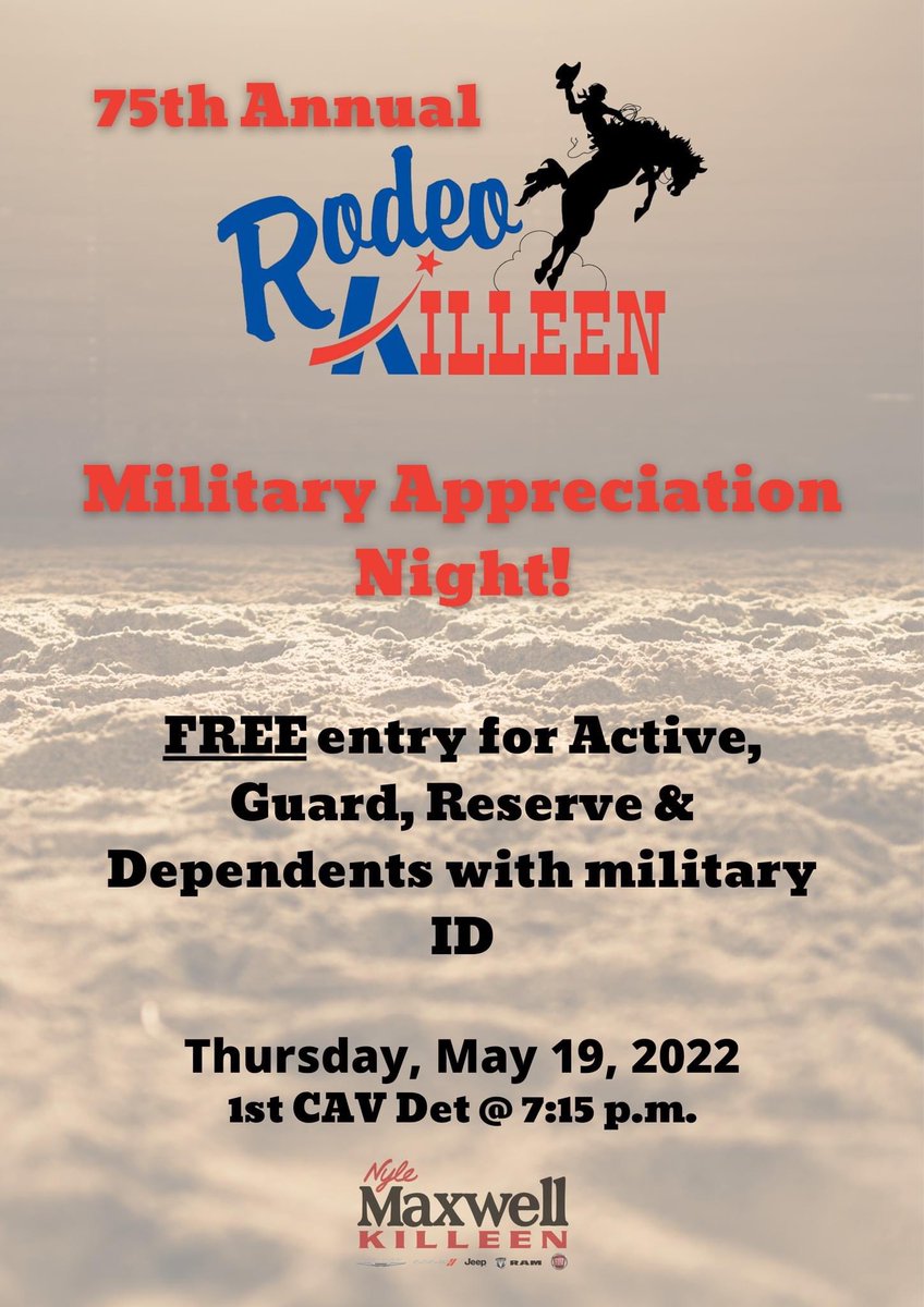 11thCSB's tweet photo. Tomorrow, May 19, is Military Appreciation Night at the Killeen Rodeo! Free entry with military ID and a FREE BBQ dinner @ 6 pm. 

Don’t miss out on the Rodeo &amp; FREE BBQ!! https://t.co/zUF7HNJDVr