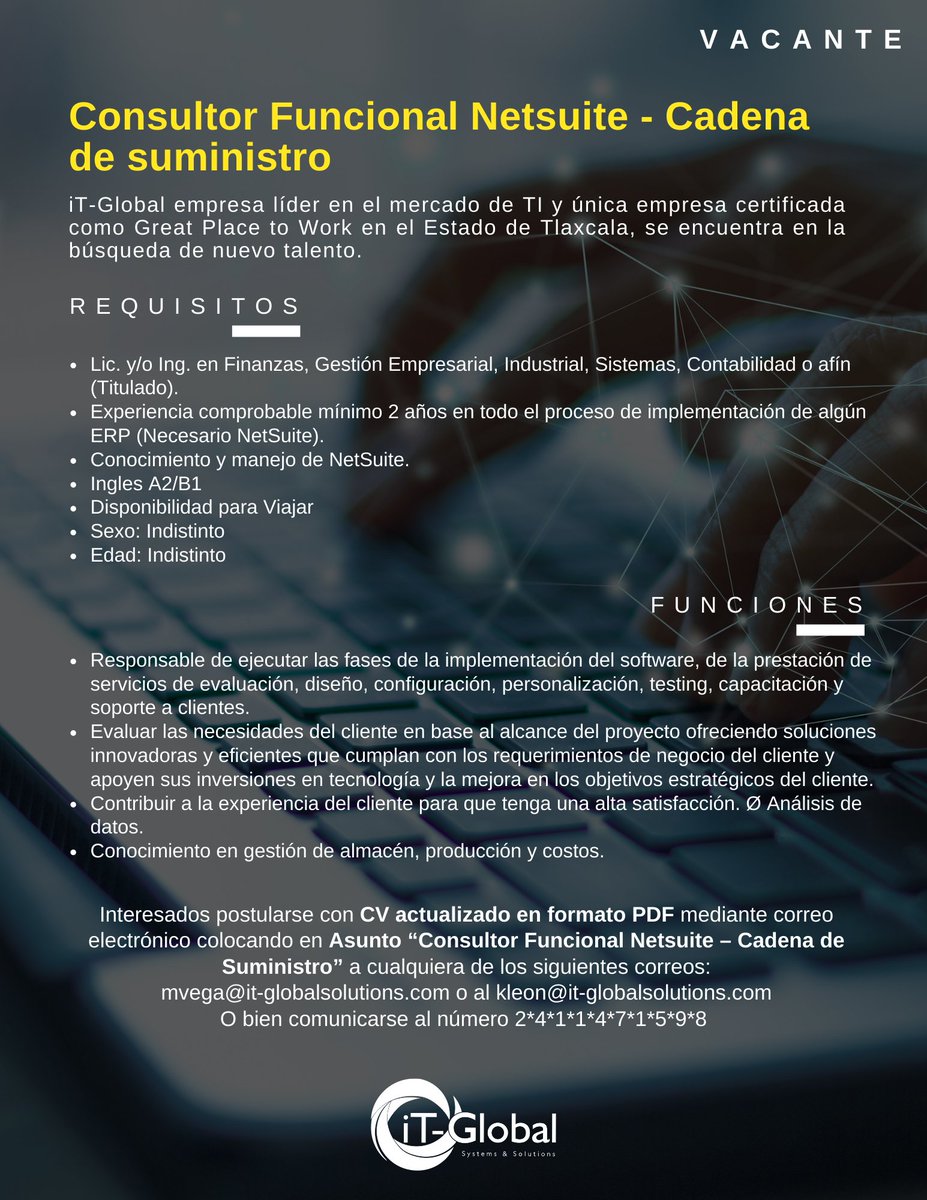 IT_Global16's tweet photo. #Oracle #NetSuite #ERP #ConsultorFuncional #CadenaDeSuministro https://t.co/M6ZWRRvg9I