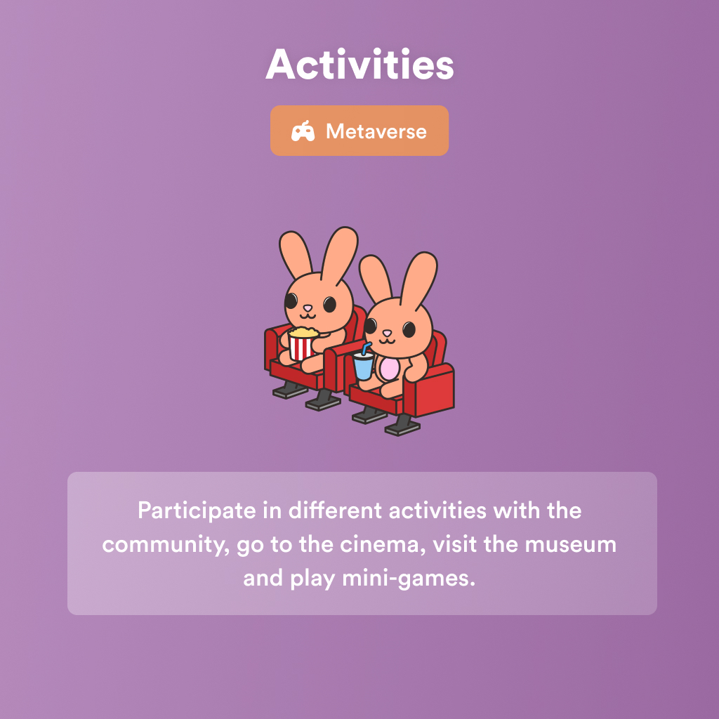 bunnyverse_egld's tweet photo. 8/ In our Metaverse we want to prioritize community activities such as:

- Go to the Cinema to watch videos together
- Go to the Museum to exhibit your Elrond NFTs or see the NFTs already exhibited
- Play mini games to earn rewards (EGLD, ESDT, NFTs, SFTs) https://t.co/rK1wzgJChR