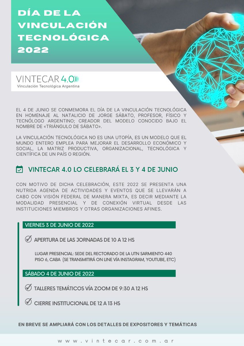 EspadeAr's tweet image. 🗓Agenda 3 y 4 de Junio, 2022 #VINTECAR Día de la Vinculación Tecnológica
Los esperamos!
@ForoCyTP @Cedy_at @RedADIMRA @fundetec @nano_fan @ipa @ciencia_ar y muchos más