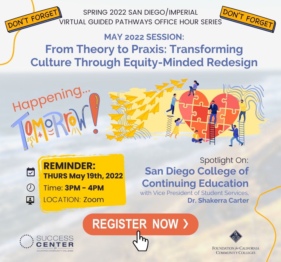 Wait...tomorrow's Thursday, May 19th? That means it is time for our May 2022 #SanDiegoImperial #GuidedPathways Office Hour!

This is going to be an *amazing* session highlighting #equityminded redesign work happening at <a href="/SDCCEEDU/">San Diego College of Continuing Education</a>.

Join us then! Register: tinyurl.com/SDIGPOfficeHou…