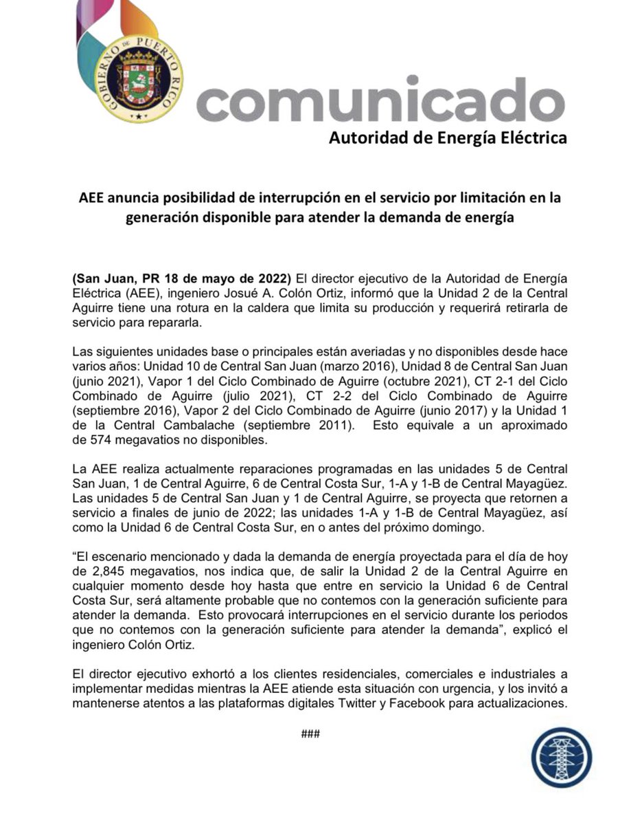 AEEONLINE's tweet photo. AEE anuncia posibilidad de interrupción en el servicio por limitación en la generación disponible para atender la demanda de energía
@GovPierluisi 
@fortalezapr https://t.co/CNGLw5Lmx7
