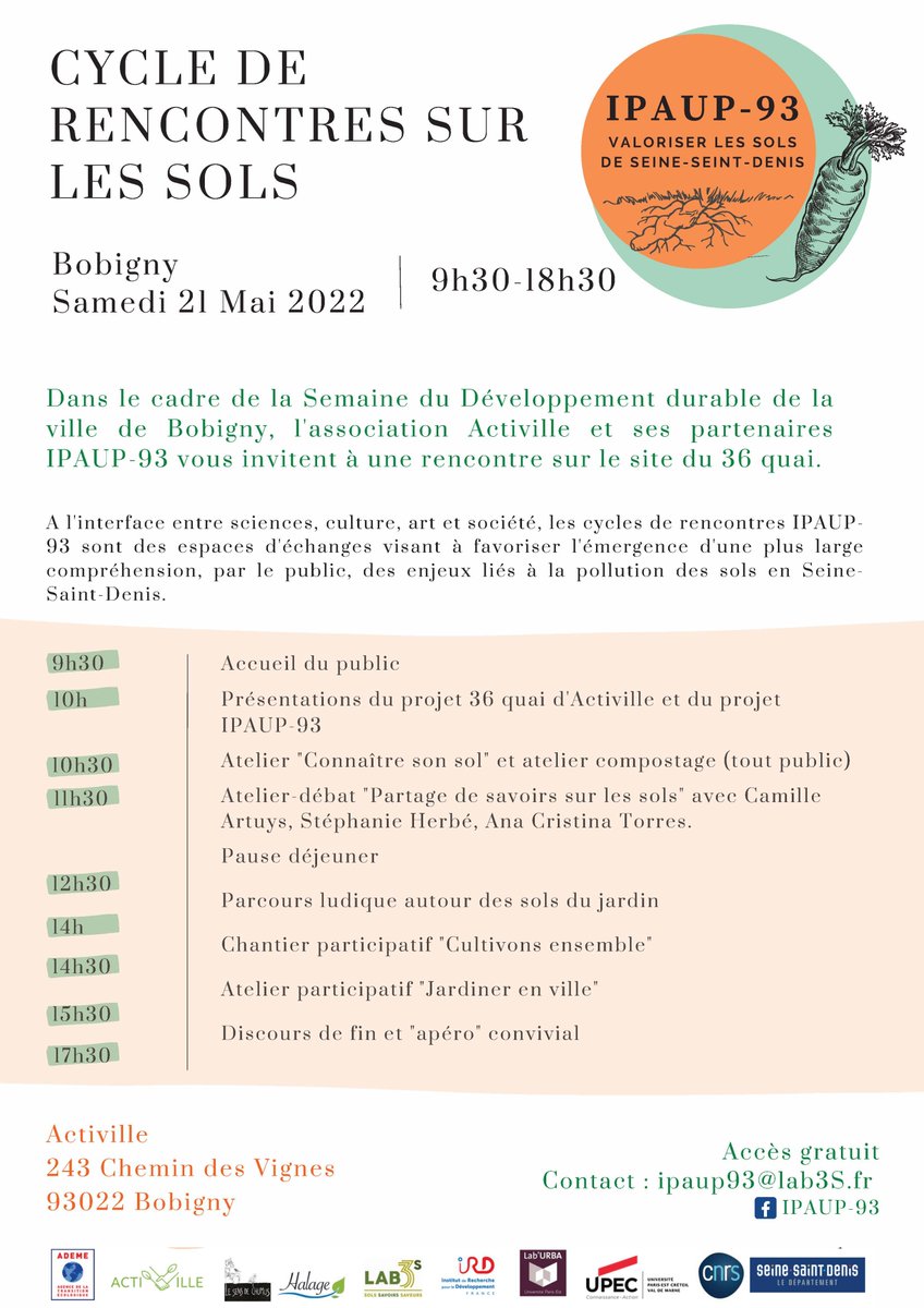 [Sols] J-3 pour des temps d'échanges et de partages sur les sols et le jardinage 🧑‍👨‍🔧  
#ipaup93 #villedebobigny #cerclehistoirebobigny #sols #savoirs #rencontres #seinesaintdenis #regioniledefrance