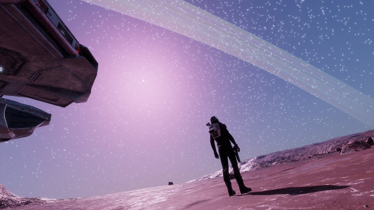 fallharbor's tweet photo. The Void offers some pink landscapes with rainbow rings. 

#FightingFuelForSally #EliteDangerousOdyssey 
@EliteDangerous @smorganmoore 
 #EliteDangerous #EliteCmdrs #StellarScreenshots #Space #Scifi #SPVFA https://t.co/ezzZm9Qa96