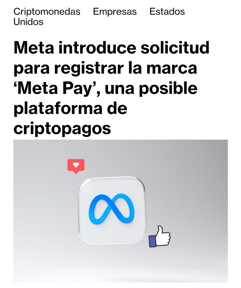 DiarioBitcoin's tweet photo. Meta introduce solicitud para registrar la marca 'Meta Pay', una posible plataforma de criptopagos  #Criptomonedas #Empresas #EstadosUnidos https://t.co/qJdrSzGeej https://t.co/7EU8l1NtYJ