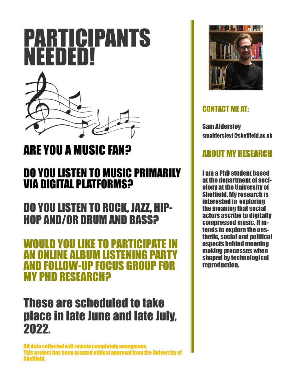 Hi all! I'm still recruiting for my PhD research on digitized music, which involves attending an online album listening party and follow up focus group. Please see poster below and contact me if interested!