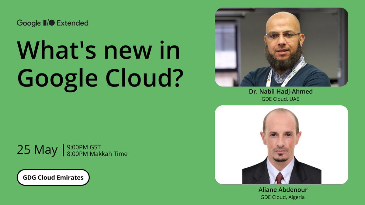 Join us for today's session from Google I/O 
To talk about the latest Google Cloud update that was recently announced at Google I/O
With <a href="/NabilHadjAhmed1/">Dr. Nabil Hadj-Ahmed</a> <a href="/alabdelouahab/">ALIANE Abdelouahab</a>
With 9 pm Dubai time
Live on YouTube: youtu.be/XhRoyAfNGvs
#gdgmena #GoogleIO #MENADD