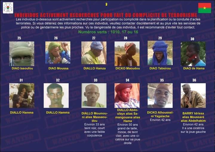 NadineCompaore's tweet photo. Ces individus ci-dessous sont activement recherchés pour participation ou complicité dans la planification ou la conduite d'actes #terroristes. 
En cas d'informations sur eux :
Numéros verts: 1010, 17 ou 16.
@BurkinaLwili https://t.co/LgSZY9zMp9