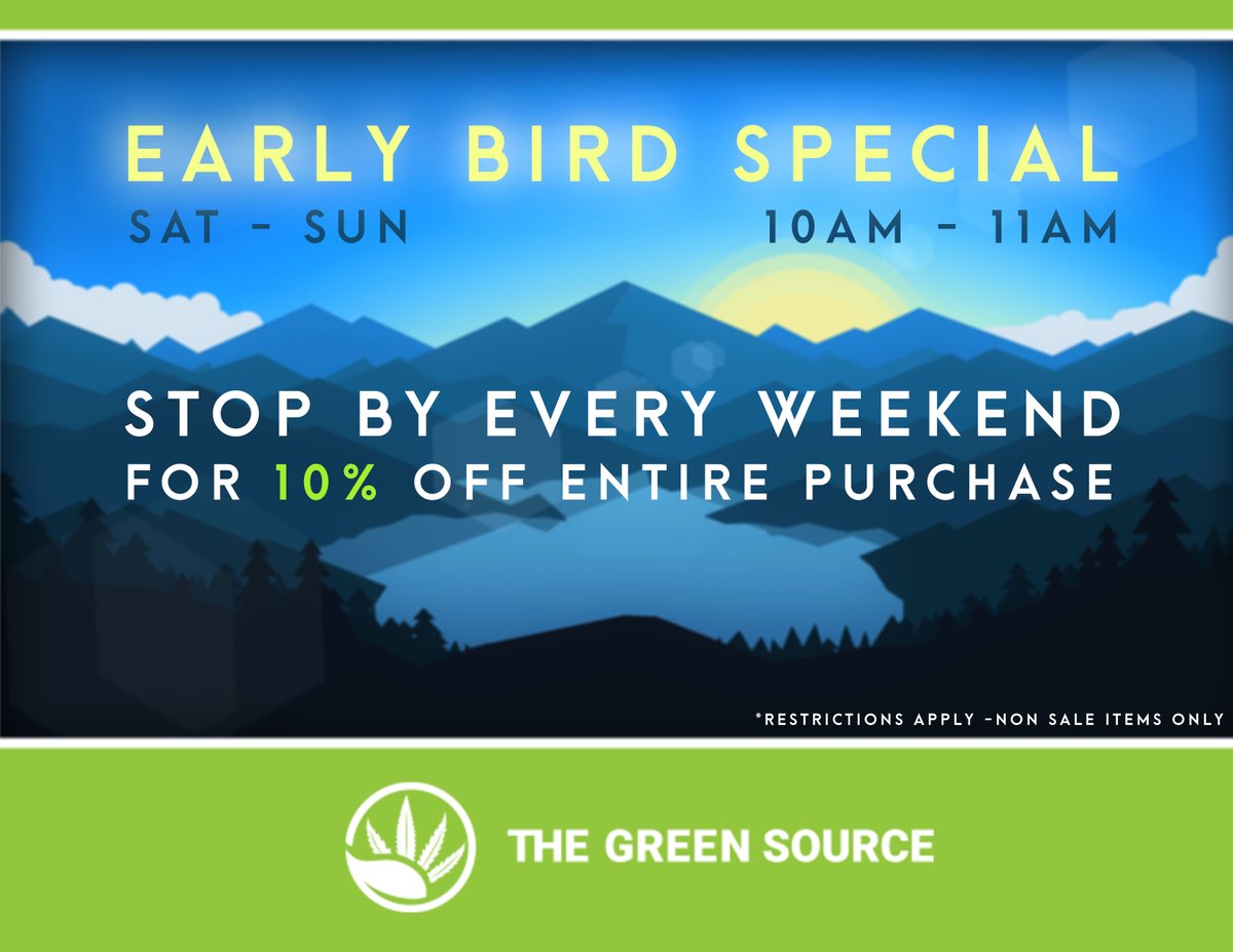 Take advantage of 10% off your purchase every weekend when you shop between 10 and 11 AM.

#earlybird
#ColoradoSprings 
#dispensary

nationalgreensource.com
