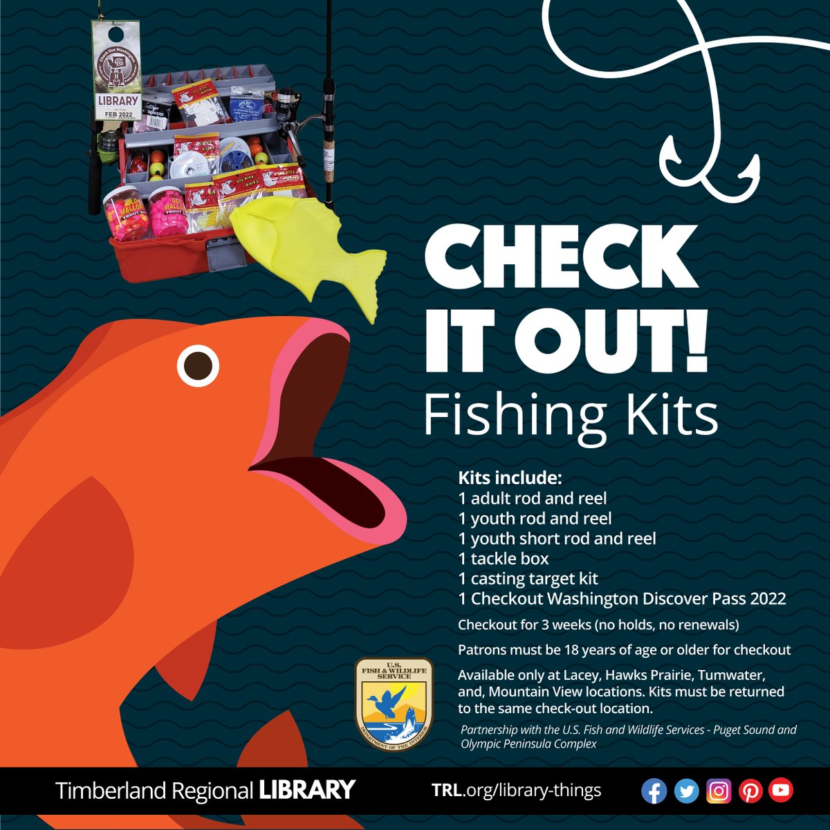 Want to go fishing but don't have the tools? Check out a brand new Fishing Kit! Only at Lacey, Hawks Prairie, Tumwater, and Mountain View Timberland Libraries.