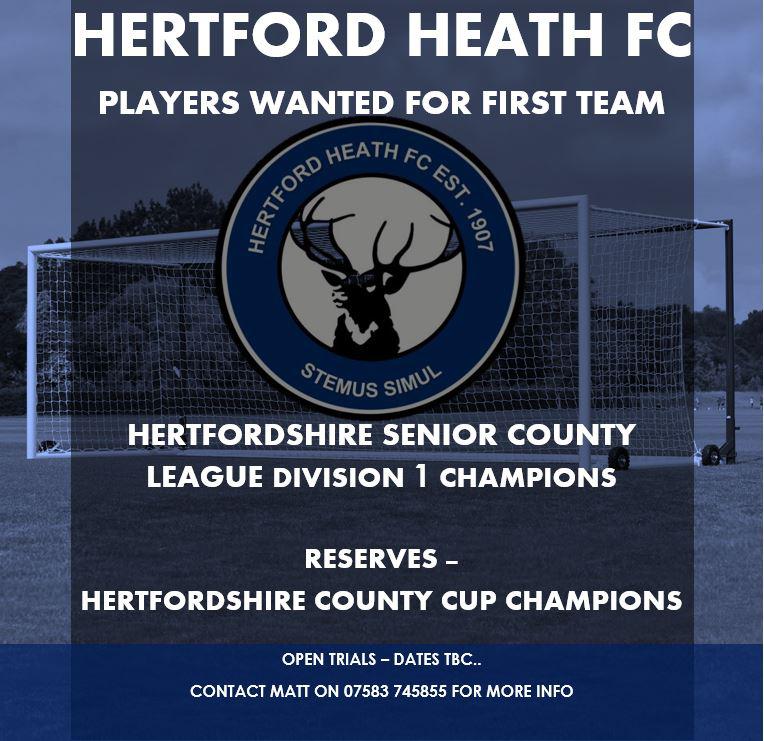 Hertford heath are looking for players to join their squads for the up coming seasons following their promotion to the Herts senior county Premier league. For more details contact Matt on 07583 745855. #NonLeague #90MinutesLive @thecoldend @Nonleaguetweets @90minutesehr