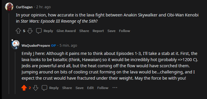 waEMD's tweet photo. @reddit_AMA @USGSVolcanoes Our volcano team is answering all sorts of questions on Reddit.  Here is one asked and answered on how accurate the lava fight is between Anakin and Obi-Wan in @StarWars Episode 3. Ask your own questions at 
https://t.co/fpn5yw0rr1 #VolcanoAwareness https://t.co/82NtEkDp1G