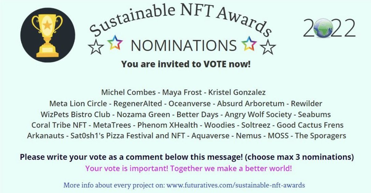 Our Co-Founder Kristel was nominated with our project for the #sustainable #NFT awards. We are so proud of this and you can vote on LinkedIn. 
#NFTCommmunity #blockchain #DeFiProject #NFTProject