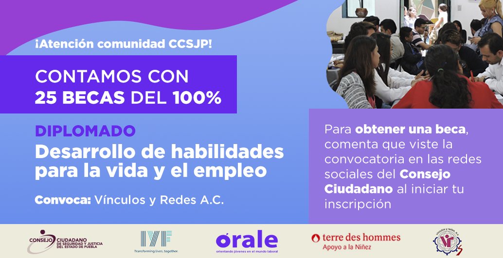 CCSJPuebla's tweet photo. 📢Aprovecha una de nuestras 25 becas del 100% para cursar el diplomado 📃  desarrollo de habilidades para la vida y el empleo de @OralePuebla 

Inicia tu registro aquí👉https://t.co/XPpcRFACX6 https://t.co/jCuiVc7viX