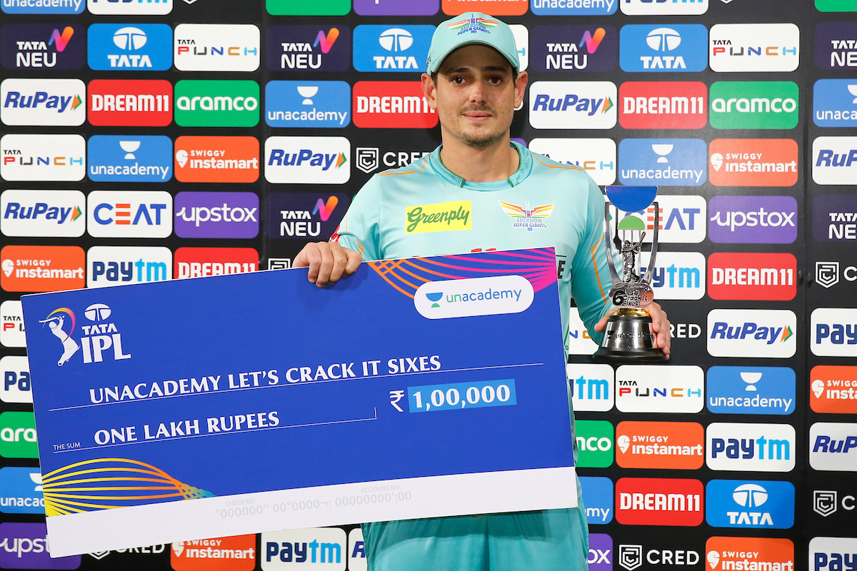 IPL's tweet image. Unacademy Let&apos;s Crack It Sixes of the Match between Kolkata Knight Riders and Lucknow Super Giants is Quinton de Kock.

#TATAIPL @unacademy #LetsCrackIt #KKRvLSG
