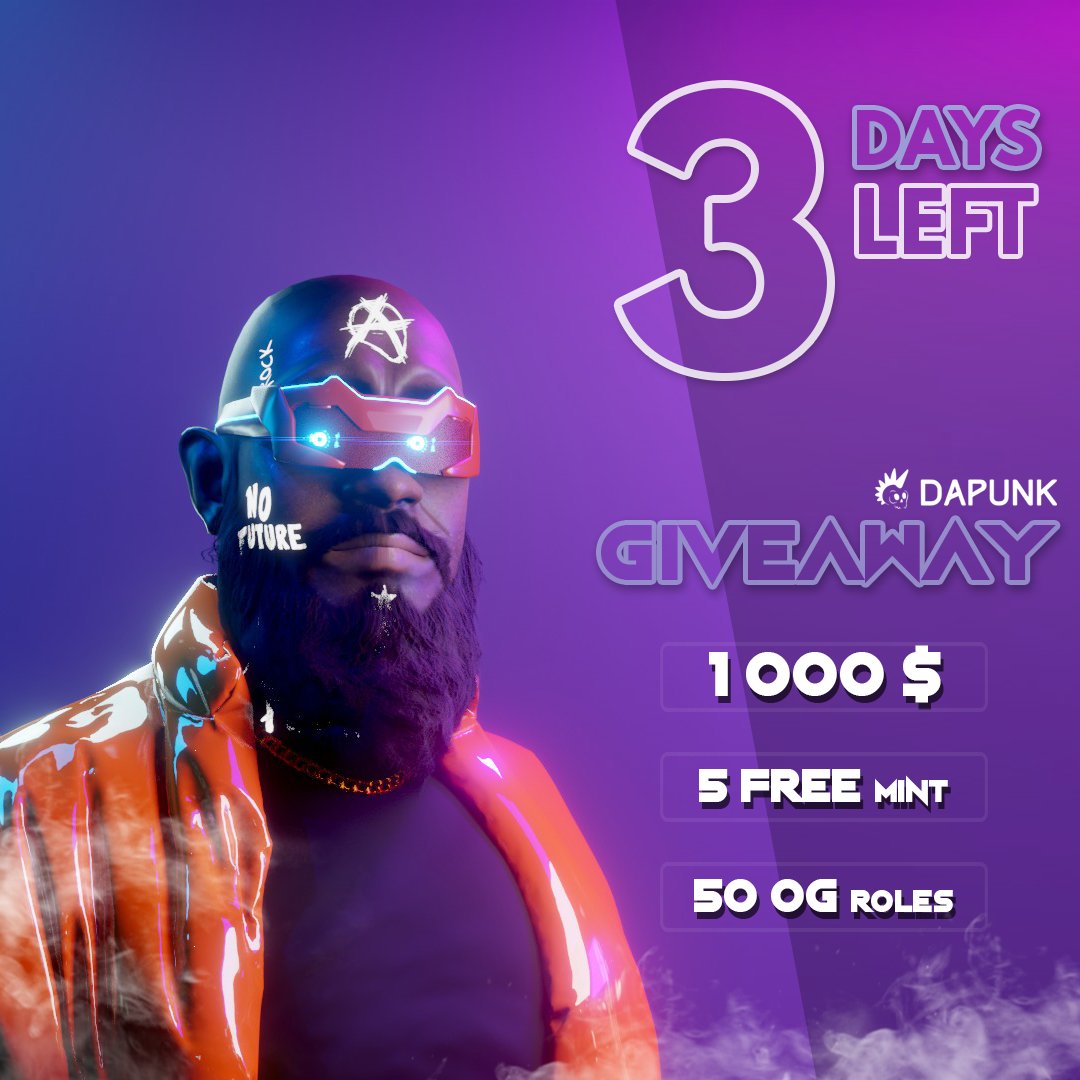DaPunk_Club's tweet photo. WE ARE PUNK !🎉

3 Day left for the big giveaway of 1000$ and 5 FREE-MINT !🎁

Link: https://t.co/rrHonHfF9Z https://t.co/rjUs2QDZDf