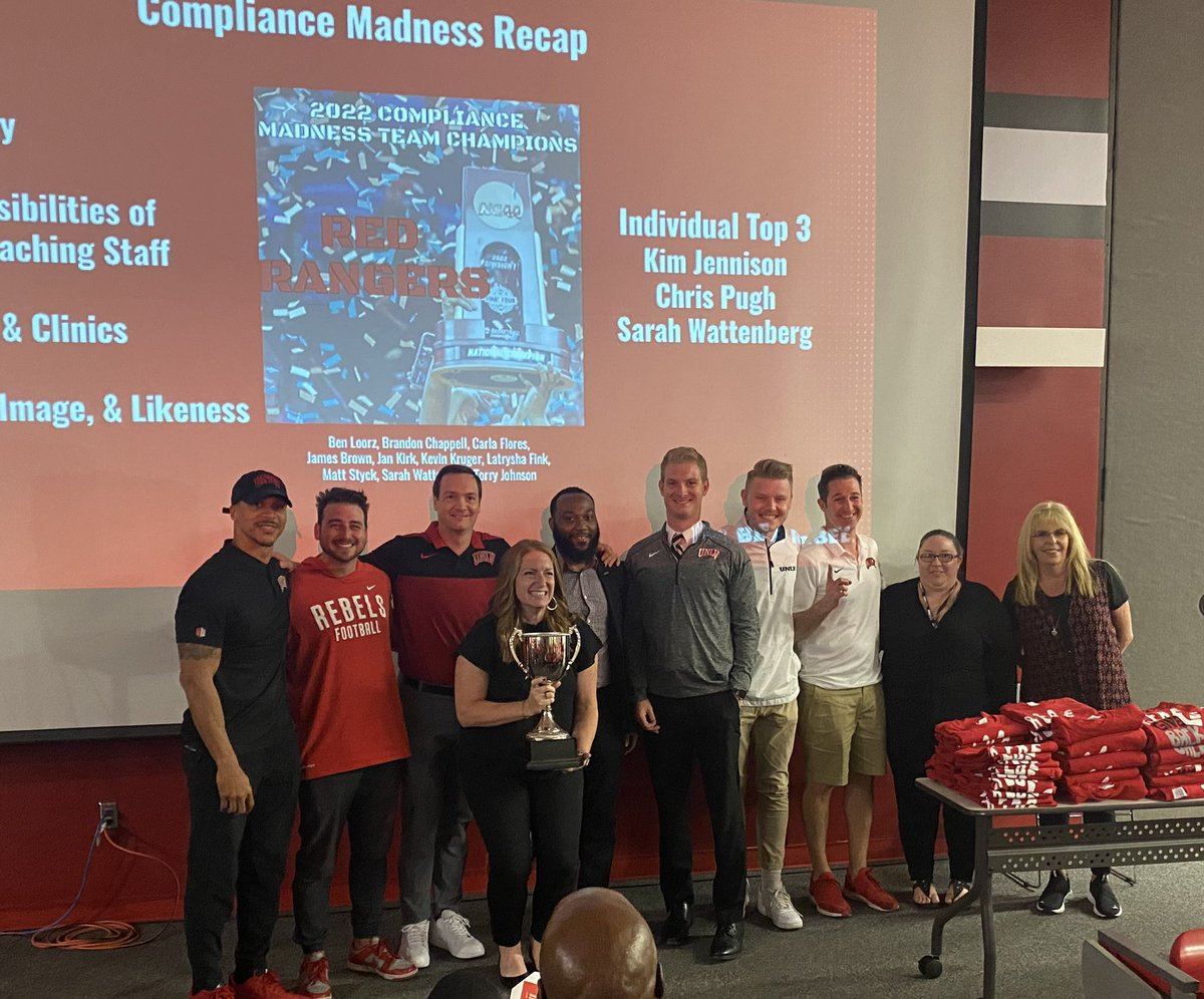 unlvcompliance's tweet photo. On this special #WinItWednesday, we want to recognize our 2022 Compliance Madness champions❗️

Team Champions: Red Rangers 🏆
Individual Champion: Kim Jennison ☝️ https://t.co/ITYMJWfcLi