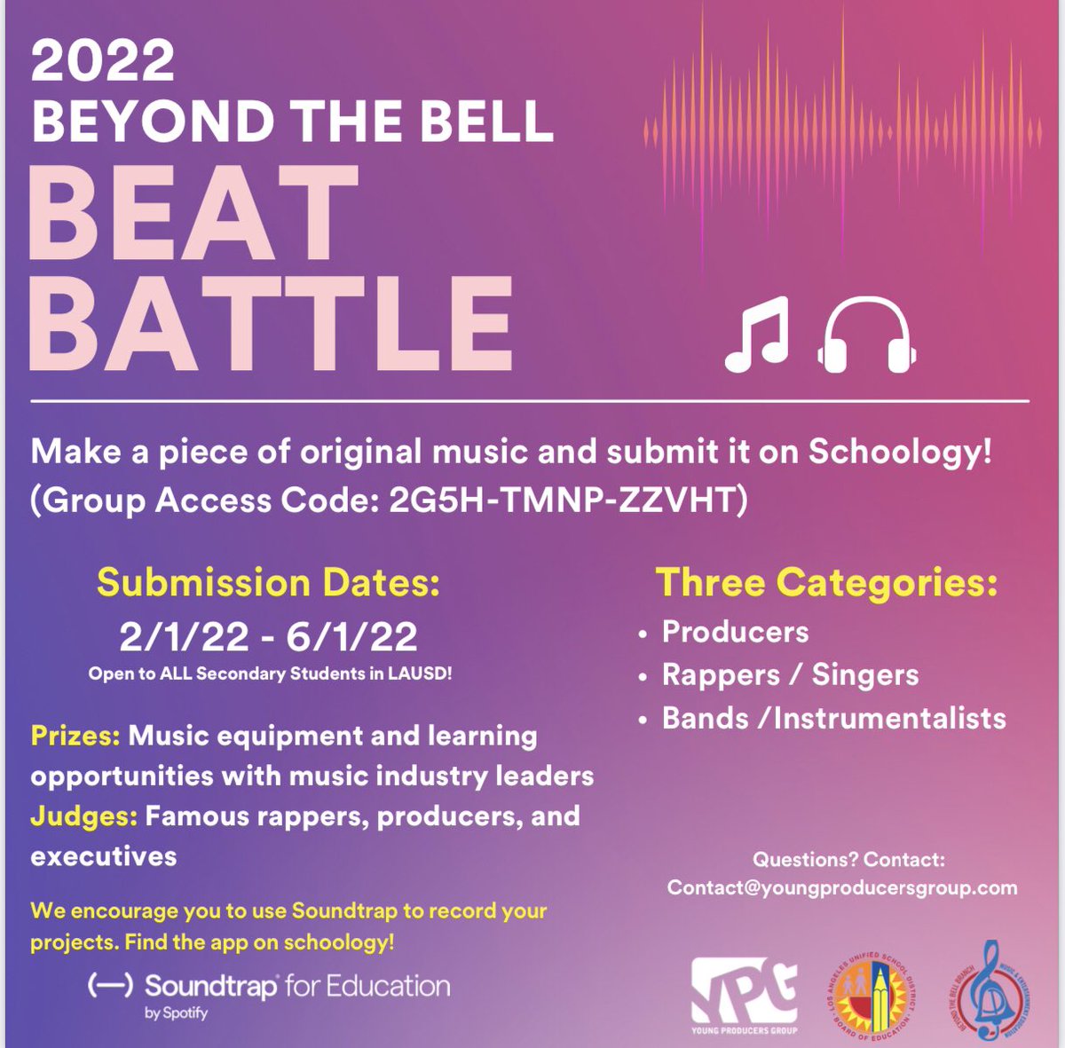 🗣 Calling all musicians, singers, producers! <a href="/BTBLA/">Beyond the Bell</a> is looking for talent to compete in the #BeatBattle Upload your content to #Schoology by 6/1. #AlwaysTeaching #BD1 #ArtsEducation #Creators #BeyondTheBell