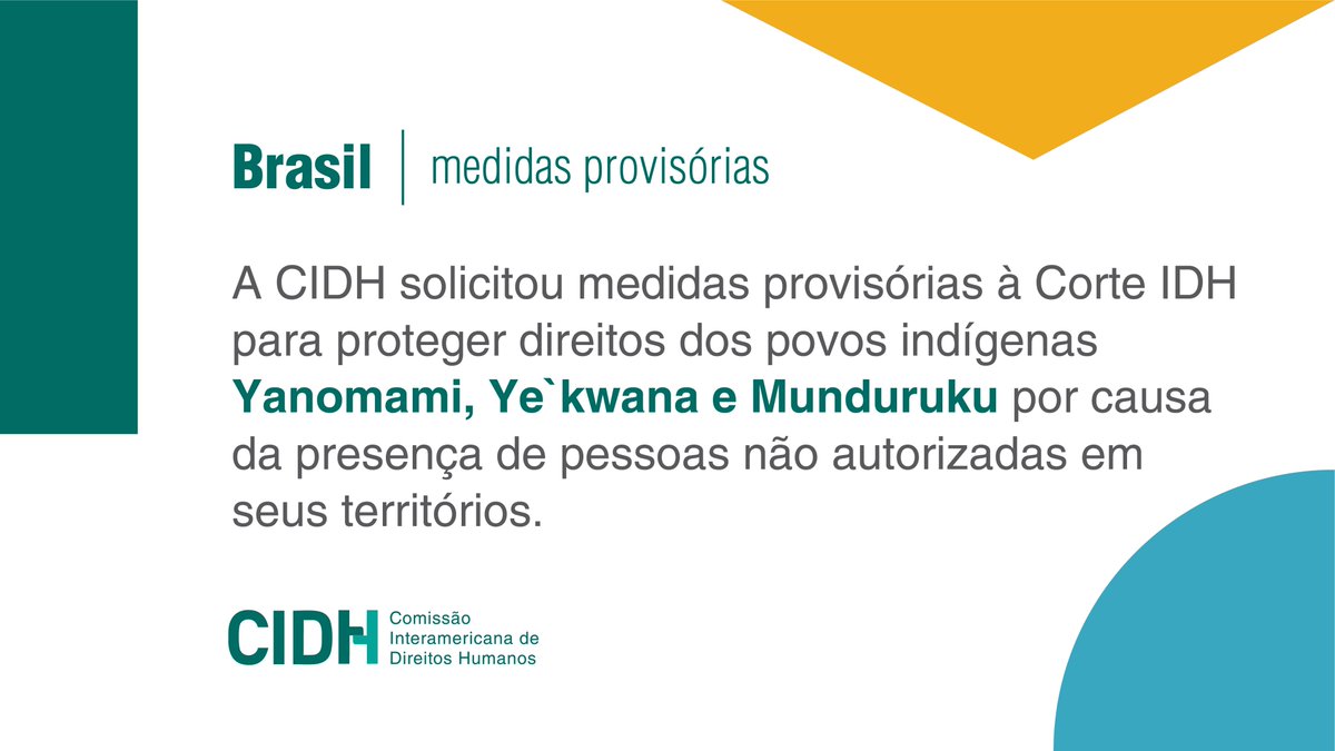 #CIDH solicita à <a href="/CorteIDH/">Corte Interamericana de Derechos Humanos</a> medidas provisórias para os #PovosIndígenas Yanomami, Ye`kwana e Munduruku no #Brasil, pela extrema gravidade em que se encontram. #DireitosHumanos bit.ly/3FUTBzI