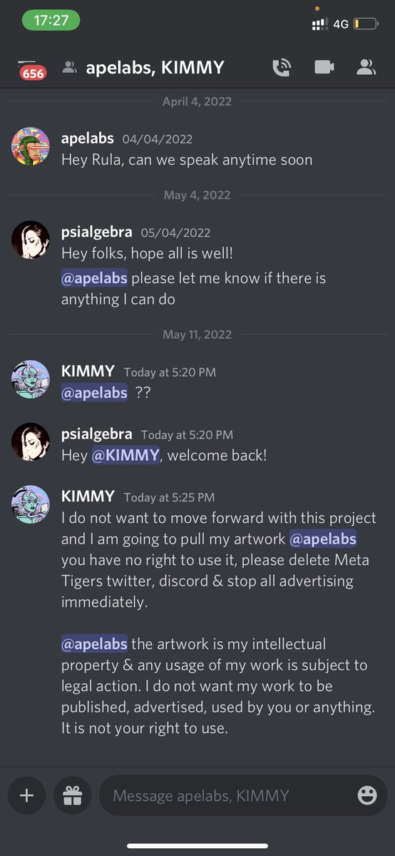 privacyalgebra's tweet photo. @AdrianP18091141 @MetaTigersNFT @rachayatatech @kimm_lindd @kimm_lindd prohibited @apelabs who is running @rachayatatech from using her art work. https://t.co/vS262UmILu