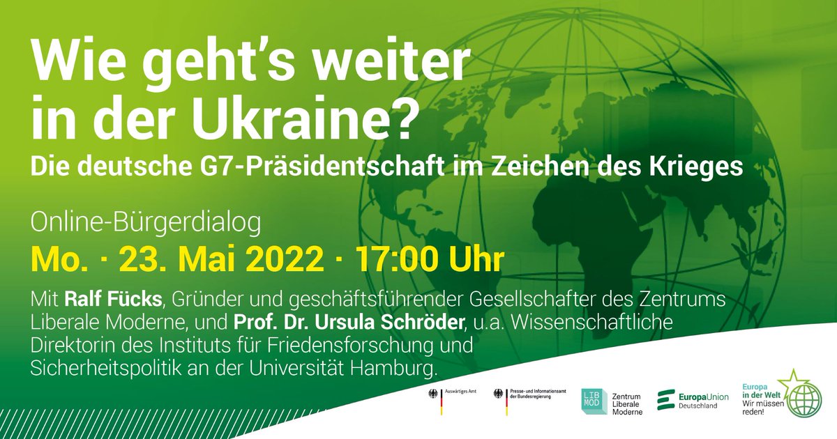 EUD_Dialog's tweet photo. ❓Welchen Beitrag kann die deutsche G7-Präsidentschaft leisten mit Blick auf den russischen #Angriffskrieg in der #Ukraine?👉 Schaltet euch ein am 23. Mai zu unserem nächsten #EUDDialog und diskutiert mit @fuecks & @UC_Schroeder💡Anmeldung unter https://t.co/VBNMuZmhsr https://t.co/MM1rzXjOOz